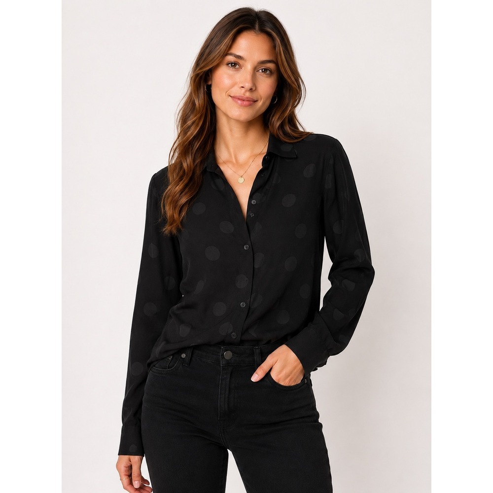 Madewell Black Tonal Polka Dot Sheer Button Front Long Sleeve Blouse Size S